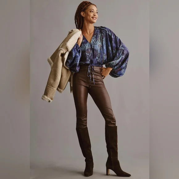 By Anthropologie Long-Sleeve Shine Cropped Blouse XL - Picture 3 of 8